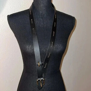 Women’s Black Leather Slat Equestrian Belt Horseshoe Copper Tone Buckle Large